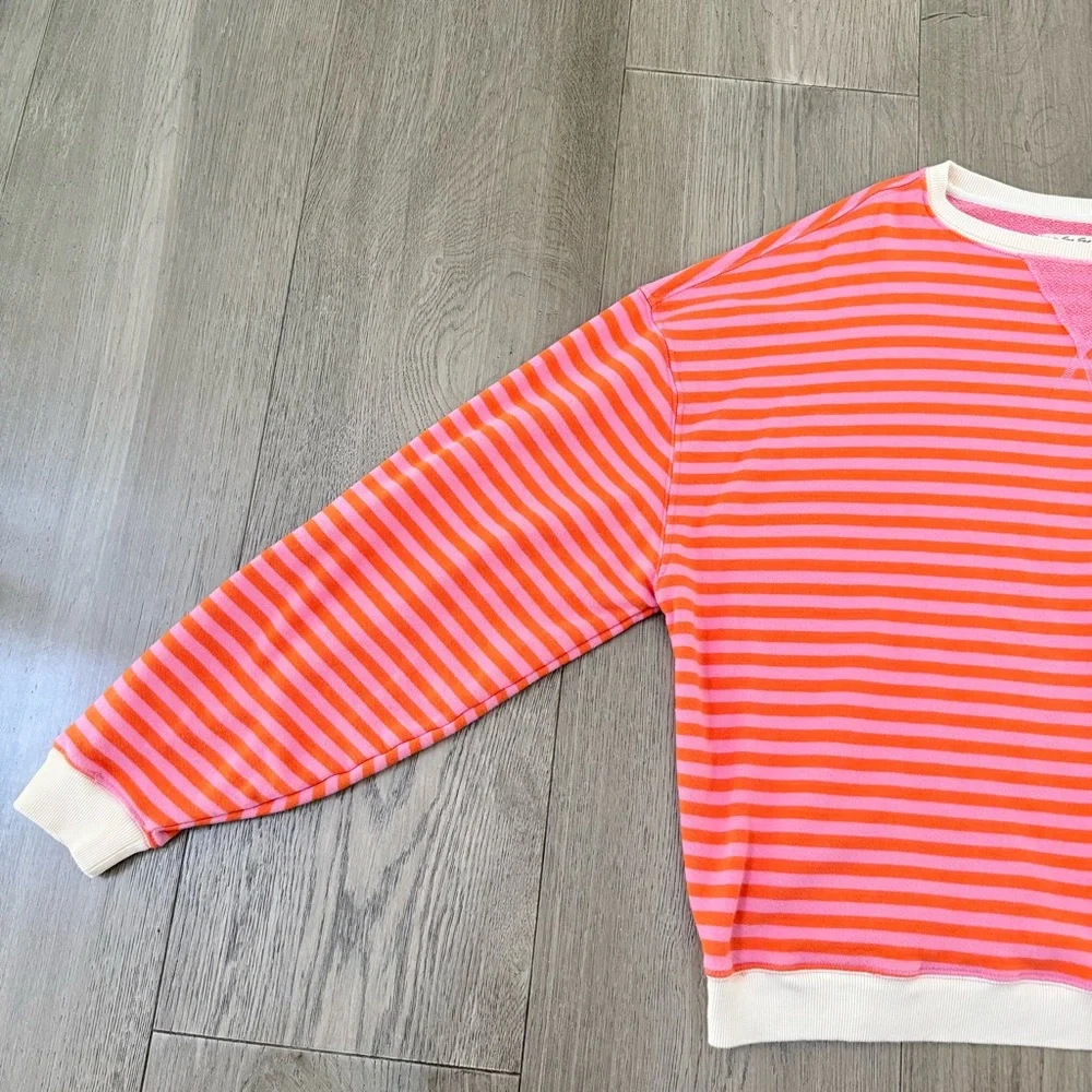 Free People We The Free Oversized Crew Neck Stripe Sweatshirt Papaya Pink Orange - Picture 4 of 10